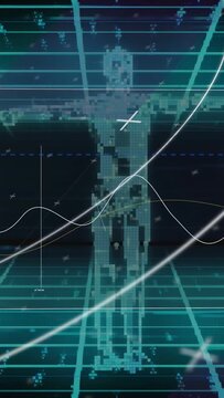Vertical video: Signal starting scan teal pixel avatar glitching and rebuilding for diagnostics