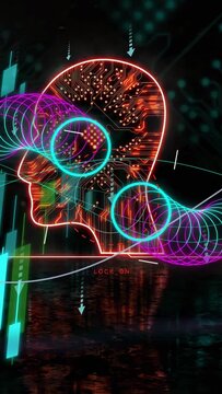 Vertical video: LOCK_ON ping waking neon head, rings spiraling, bars rising, visualizing markets