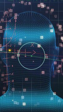 Vertical video: Dotted head rotating as scan band sweeping, pulses tracking markers for facial scan
