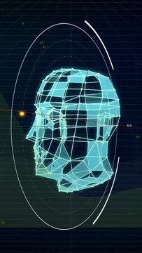 Vertical video: On signal teal head rotating with HUD scanning and markers aligning for diagnosis