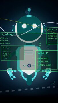 Vertical video: Network pulse starting robot scanning, eyes shifting, HUD NODE_87 sliding for scan