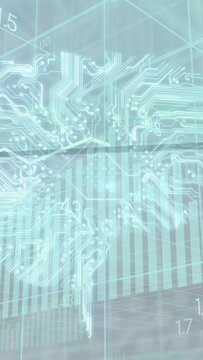 Vertical video: Wireframe grid starting holo viz, bars rising and circuit forming to show trends