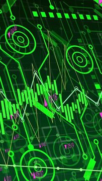 Vertical video: Timeline moving neon green HUD shifting bars rising tags updating showing live data