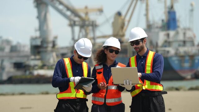 Team of engineers collaborating on project at construction site digital analysis industrial environment teamwork concept
