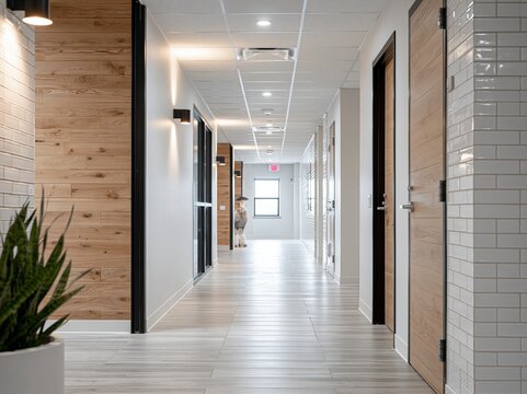 Modern Office Hallway with Wood Accents and White Tile Walls, Illuminated by Recessed Lighting