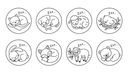 Fototapeta premium Sleeping Animals Vector Icon Collection – Cute Minimal Thin Line Baby Cat Dog Rabbit Fox Bear Sloth Bird Sheep Illustrations