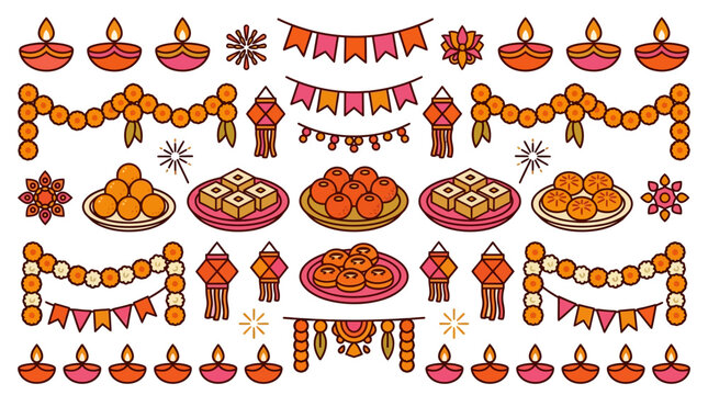 Diwali Festival Celebration Elements Set with Traditional Decorations.