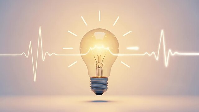 Lit lightbulb with pulse line graphic emanates light, symbolizing idea and vitality