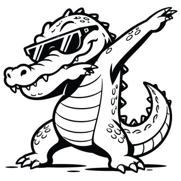 Cool cartoon alligator dabbing, black and white line art illustration