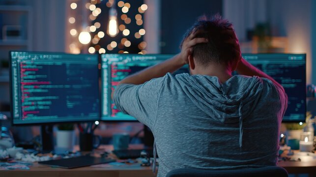 Frustrated Programmer Working Late at Night with Multiple Monitors Displaying Code