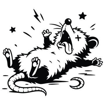 Funny cartoon opossum playing dead, vector illustration of a possum with tongue out and x eyes