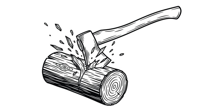 Wood chopping illustration axe splitting log black and white sketch