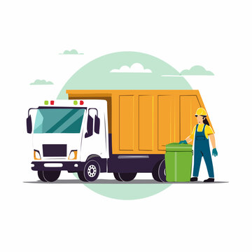 Garbage Truck and Worker Collecting Trash