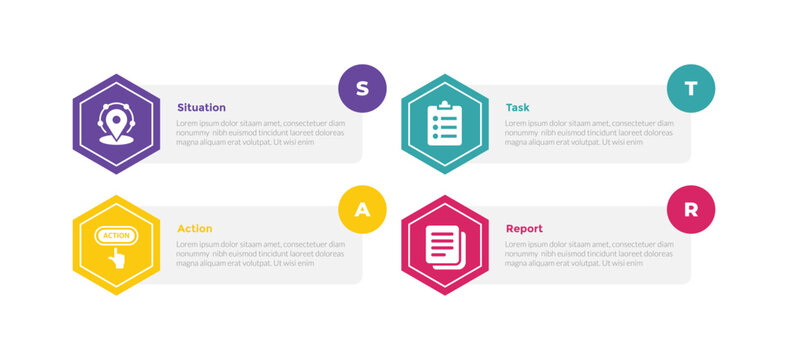 star method technique infographics template diagram with hexagon rectangle circle badge edge with 4 point step design for slide presentation