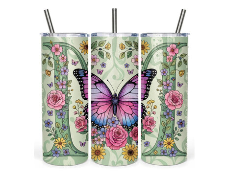 A triptych of stylized tumblers, each featuring a pastel green background with subtle floral vine patterns