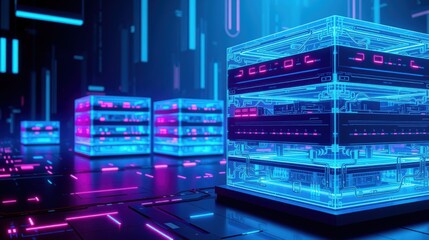 Fototapeta premium Futuristic server room. Glowing cubes illuminate dark space. Neon lights create digital atmosphere. Complex circuitry visible.