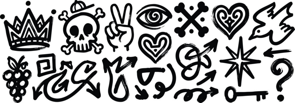 Punk and graffiti style brush drawn doodle shapes. Hand drawn bold brush star, arrow, skull and crown. Graffiti bold brush drawn figures for collages, grunge street art design, rock and roll aesthetic