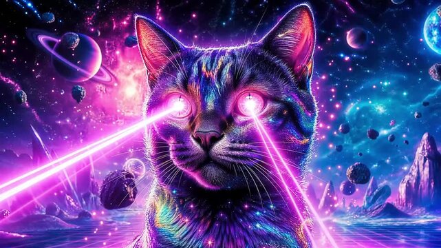 Cosmic Cat with Laser Eyes Blasting Through Galaxy.