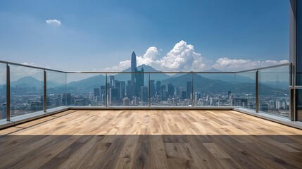 Naklejka premium Spacious modern balcony with wooden floor overlooking a sprawling cityscape and distant mountains
