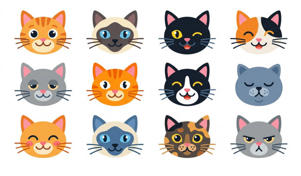 Cute Cat Face Vector Set Featuring Various Cat Breeds and Expressions for Playful, Whimsical, and Pet-Themed Illustrations