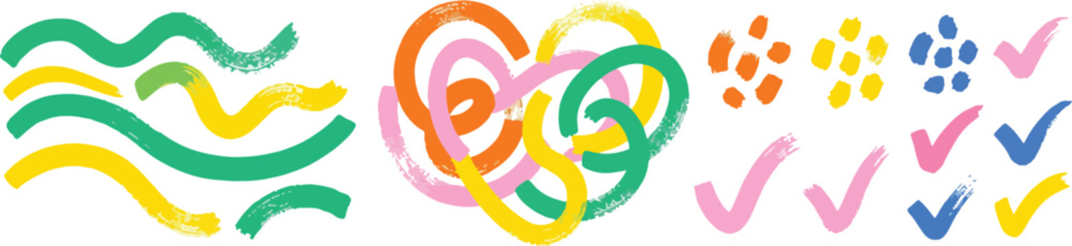 Collection colorful bold curved lines with loops isolated on white. Hand drawn bold grunge wavy and swirled brush strokes. Simple childish vector scribbles and squiggles. Creative trendy style design
