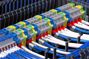 Fototapeta premium Electrical screw terminals for connecting copper electrical wires with metal lugs in electrical switchboard. 