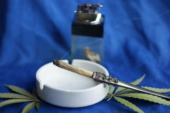 silver mouthpiece and cannabis leaf. cigarette holder with roll lies on a dried cannabis leaf