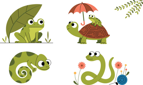 Cute green reptile and amphibian vector set with cartoon frog turtle lizard and snake characters isolated on clean white background