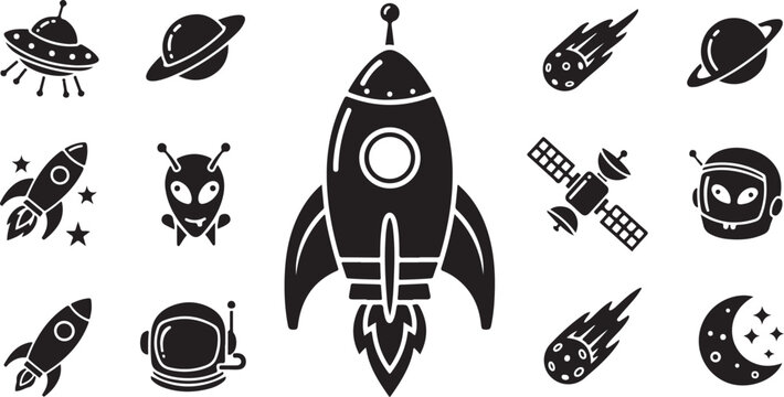 Space icons with rocket and alien symbols