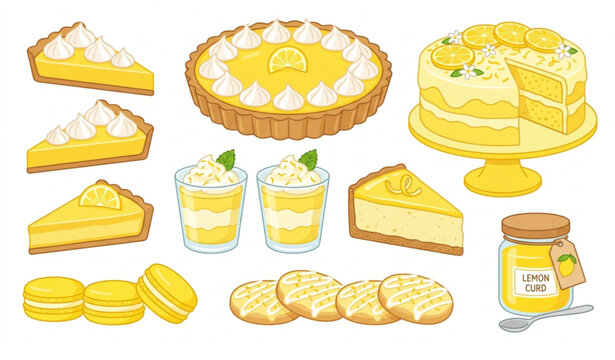 Lemon Dessert Vector Set Featuring Lemon Cakes, Tarts, Slices, Mousse, and Sweet Citrus Treats for Playful and Whimsical Illustrations