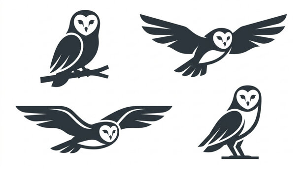 Barn Owl Silhouette Vector Set Featuring Owls in Different Flying and Perching Poses for Nature, Wildlife, and Bird Illustrations