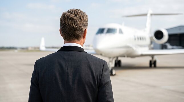 Private jet travel with successful businessman on tarmac, an aspirational symbol of luxury executive lifestyle, wealth management, and corporate leadership.