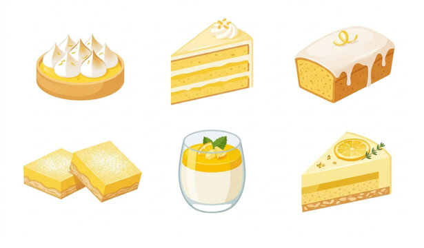 Lemon and Citrus Dessert Vector Set Featuring Lemon Cake, Lemon Bars, Lemon Mousse, and Sweet Citrus Treats for Playful and Whimsical Illustrations