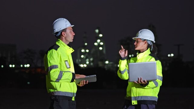 Collaboration between engineers at night construction site business meeting urban environment professional viewpoint teamwork dynamics