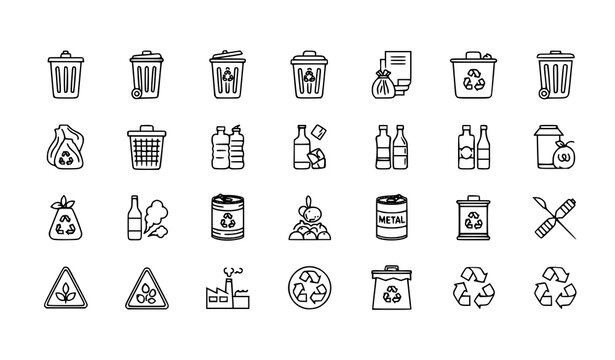 Waste and recycle line icon set with trash sorting and recycling symbols
