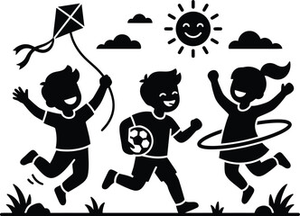 Children playing outdoor activities with hula hoop and soccer ball vector illustration. © jim's Cafe