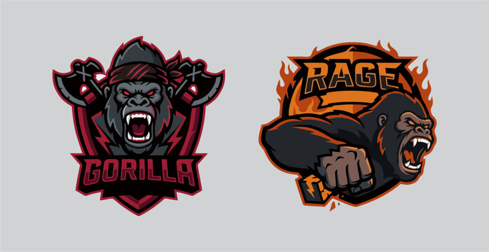 Set of Two Fierce Gorilla Esports Mascot Logos with Rage and Axe War Themes