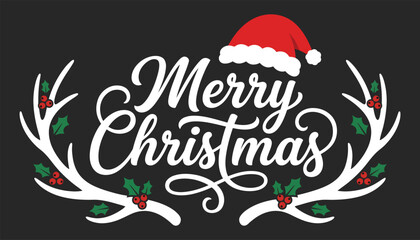 Fototapeta premium Merry christmas festive design with antlers and santa hat on black background