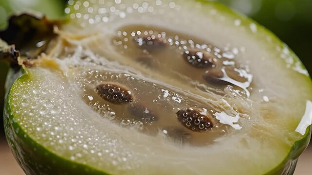 Closeup of a ripe feijoa fruit being washed with water.