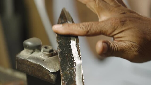 Craftsman Applying Oil to Grass Shears During Sharpening Process