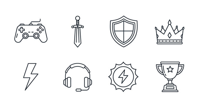 Gaming icons controller sword shield crown lightning bolt headphones energy trophy