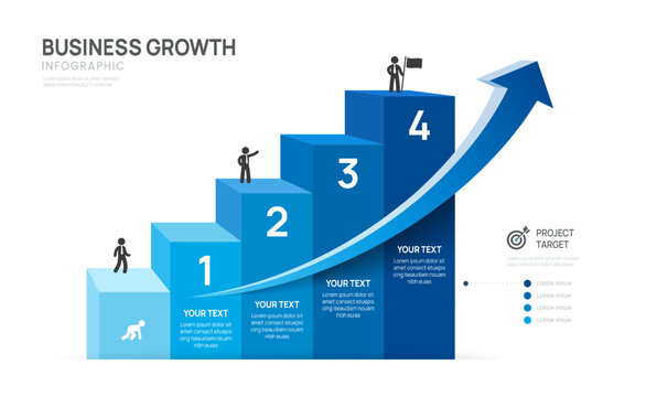 Business success infographic with arrow isometric 4 steps, career growth, and achievement concept, vector.