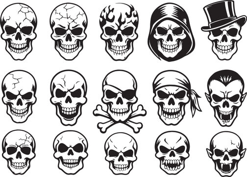 Vintage skull vector icons set, black and white human skulls with pirate bandana and top hat, gothic horror cranium illustrations for tattoo design