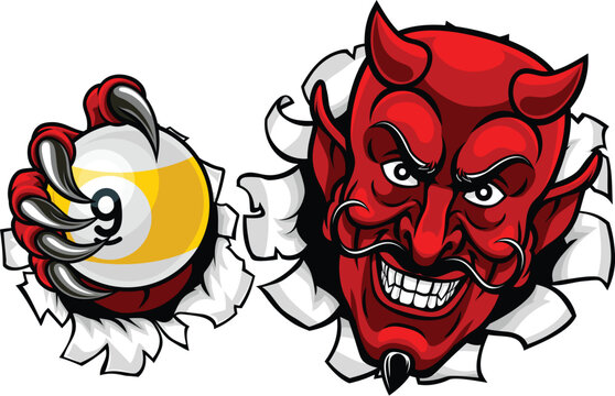 Devil nine ball pool billiards sports mascot holding a 9 ball cartoon illustration