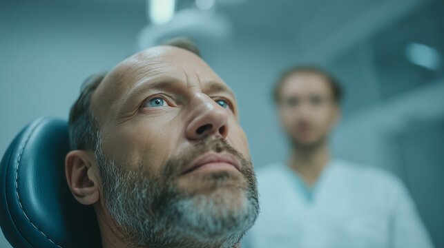 Middle aged man in clinic chair receiving consultation for hair restoration and hair transplant procedure, conveying hope and medical professionalism.