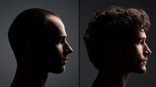 Side by side profile of balding male before and after hair transplant showing scalp, hairline restoration and renewed confidence in clinic setting.