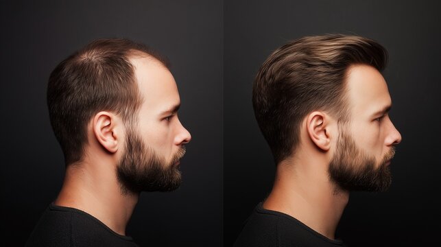 Before and after comparison of male patient showing hair transplant result, scalp with graft and fuller hair representing hair restoration clinic service.