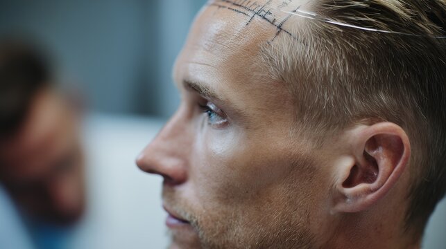 Side profile of a male patient with marked hairline and clinician in background symbolizing hair restoration consultation and hair transplant procedure planning.