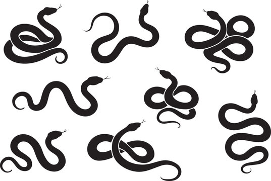 Black snake silhouette collection, set of 8 slithering serpent vector icons, minimalist reptile graphic elements for tattoo design and logo branding