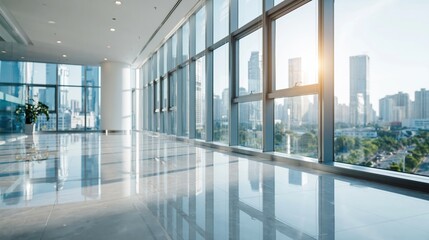 Fototapeta premium Modern Bright Corporate Office Interior with City Skyline View at Sunrise